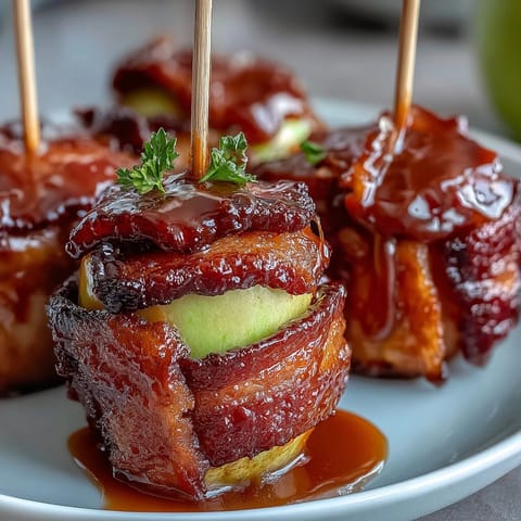Bite-sized candy apples on toothpicks, glossy red coating glistening, perfect for festive snacking and parties.