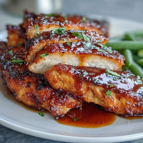 Honey mustard chicken with green beans served on a rustic wooden board, juicy chicken glazed in golden sauce beside vibrant green beans.