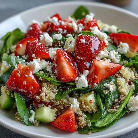 Fresh strawberry feta quinoa salad with balsamic dressing, bursting with sweet berries and tangy cheese.  