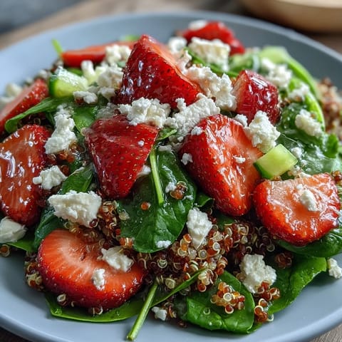 Colorful strawberry feta quinoa salad with baby spinach, crunchy almonds, and a glossy balsamic vinaigrette.  