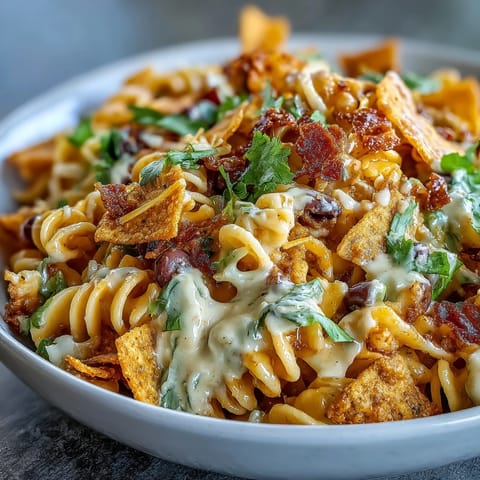 Taco Pasta Salad with Doritos and Avocado Ranch in a colorful bowl, topped with crunchy Doritos and creamy dressing.  