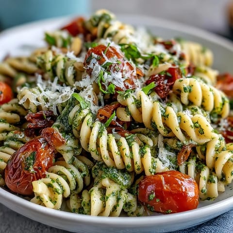 Vibrant summer pasta salad with pesto and cherry tomatoes, bursting with fresh basil aroma and bright colors.  
