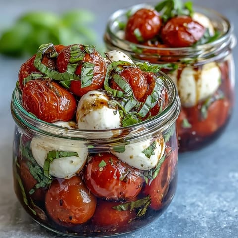 Mason Jar Caprese Salad with fresh mozzarella, cherry tomatoes, and basil, drizzled with balsamic glaze for a vibrant, portable lunch.