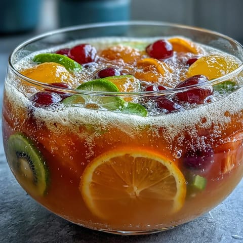 A vibrant punch bowl filled with rainbow sherbet melting into fizzy lemon-lime soda, perfect for graduation parties.