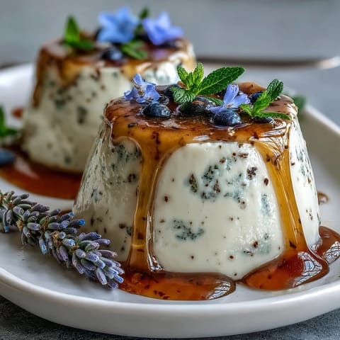 Silky honey lavender panna cotta with delicate floral notes, served in a glass and topped with fresh berries.