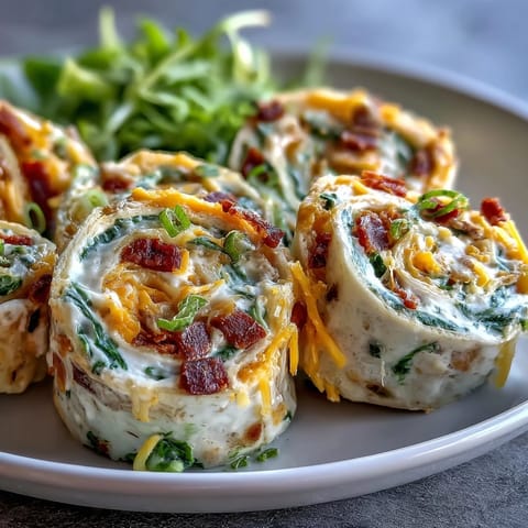 Turkey, cheese, and spinach tortilla pinwheels on a white platter with fresh spinach garnish