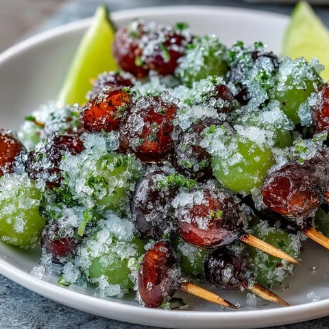 Refreshing frozen grape skewers rolled in tangy lime sugar, ideal for hot days and easy entertaining.  