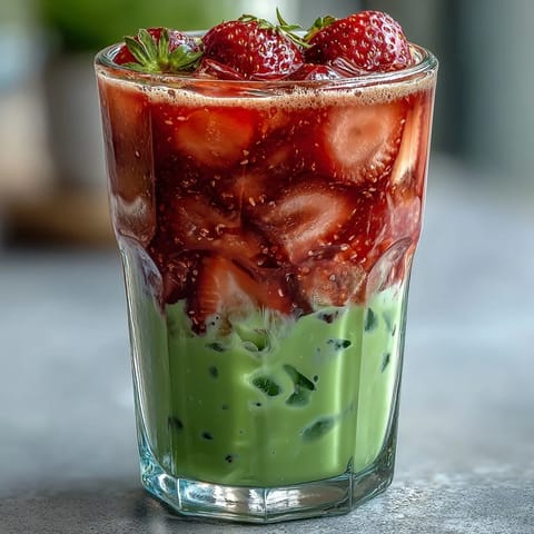 A vibrant glass of strawberry matcha latte with oat milk, featuring layers of sweet strawberry puree, earthy green matcha, and creamy oat milk.