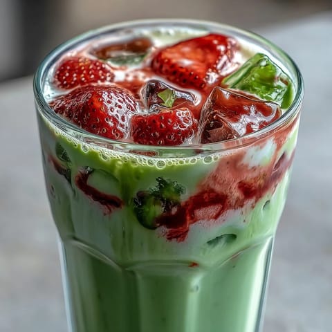 Two tall glasses filled with a beautiful layered strawberry matcha latte, combining fresh strawberry puree, chilled oat milk, and vibrant matcha for a refreshing summer drink.