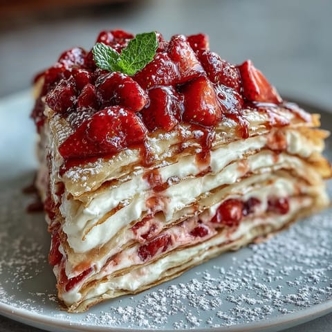 Mother's Day Crêpe Cake: tall, layered dessert with fresh strawberry mascarpone cream.