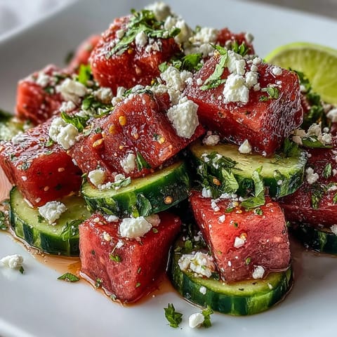 Vibrant watermelon cucumber salad with zesty Tajin and lime juice, a refreshing summer dish.