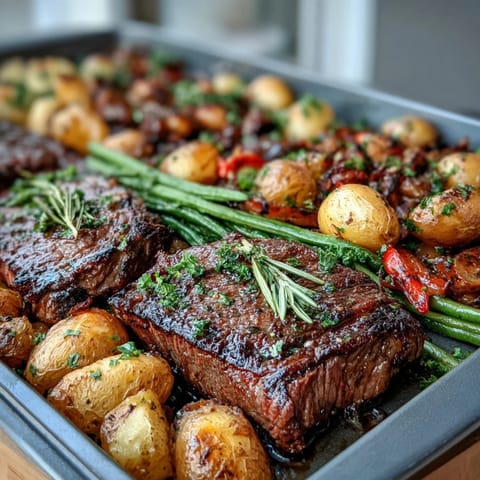 Juicy Father's Day steak and potato sheet pan dinner, golden brown and ready to serve.