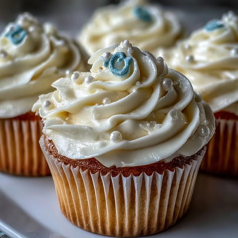 Soft vanilla Cancer birthday cupcakes crowned with shimmering pearl fondant accents.