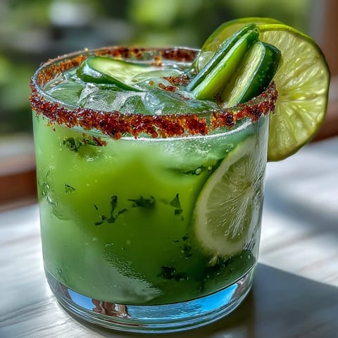 Vibrant pickle margarita mocktail with spicy jalapeño rim, ready to enjoy.