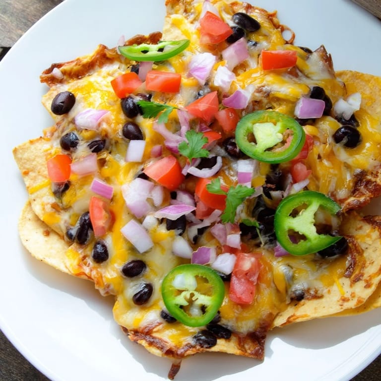 Warm, flavorful nachos: crispy chips topped with cheese, tomatoes, and jalapeños, ready to enjoy.