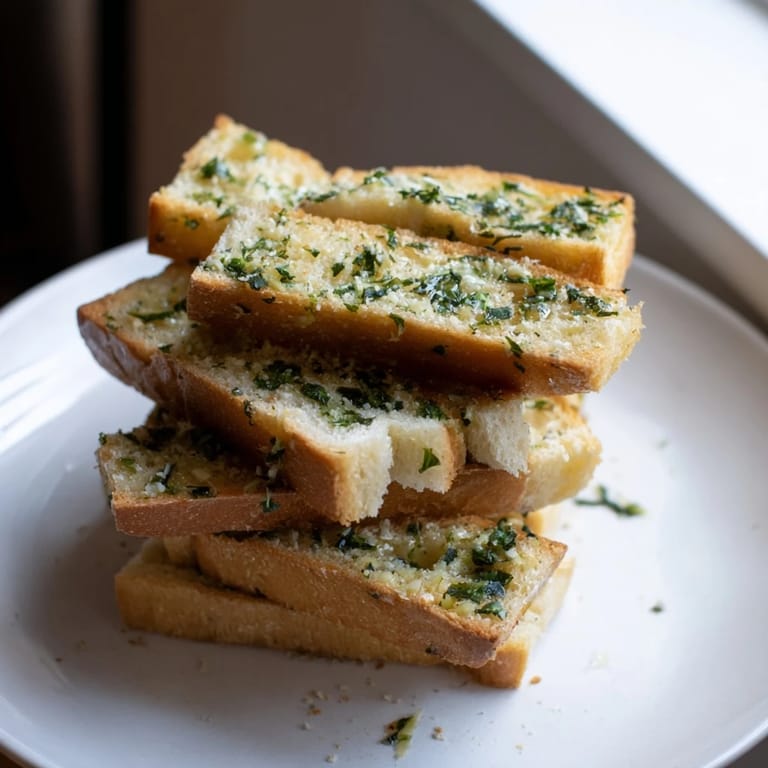 Warm, toasted garlic bread shows a delightfully browned crust, ideal for dipping into soup.