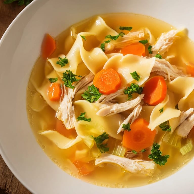 Flavorful Chicken Noodle Soup, a classic meal full of vegetables like carrots and celery.