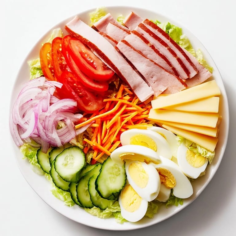 Fresh, vibrant chef salad with a zesty vinaigrette dressing, perfect for lunch or dinner.