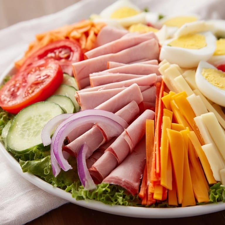 This beautiful chef salad features layers of cheese, eggs, and meats, a hearty meal.