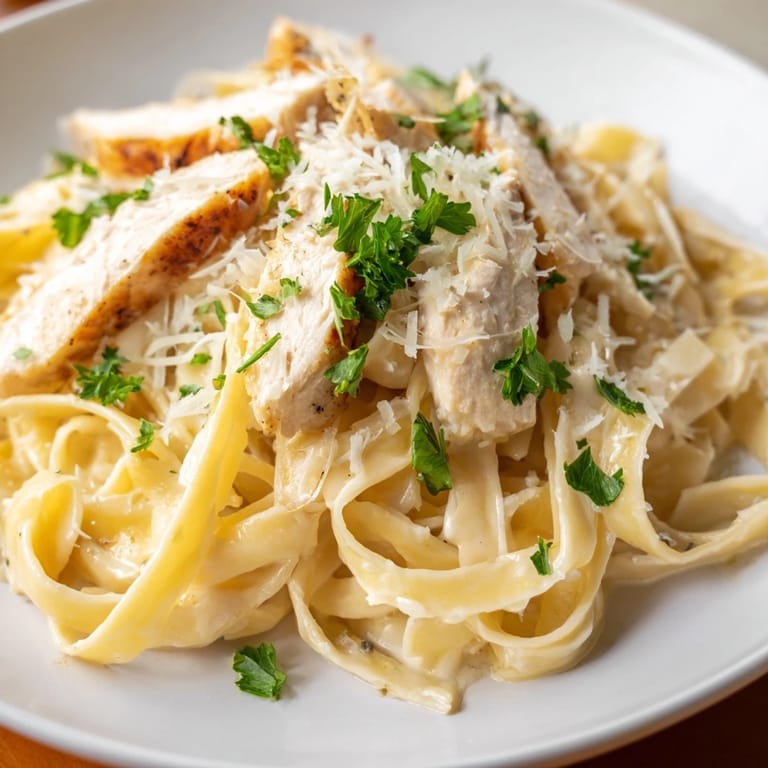 Savory fettuccine Alfredo, served with tender chicken, offering a hearty and delicious meal.