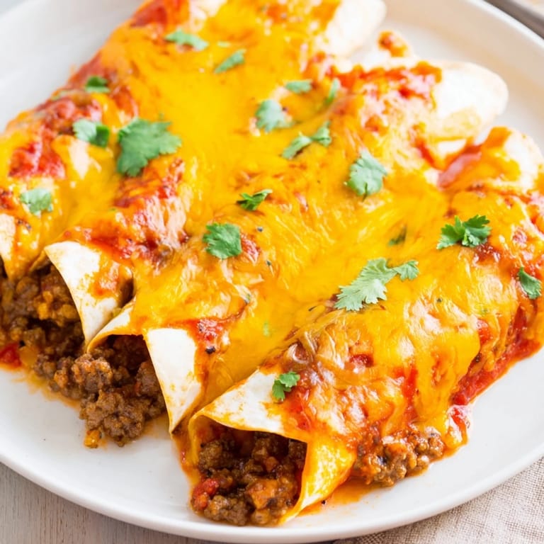 A close-up of a baking dish full of hot, cheesy Beef Enchiladas, ready to be devoured.