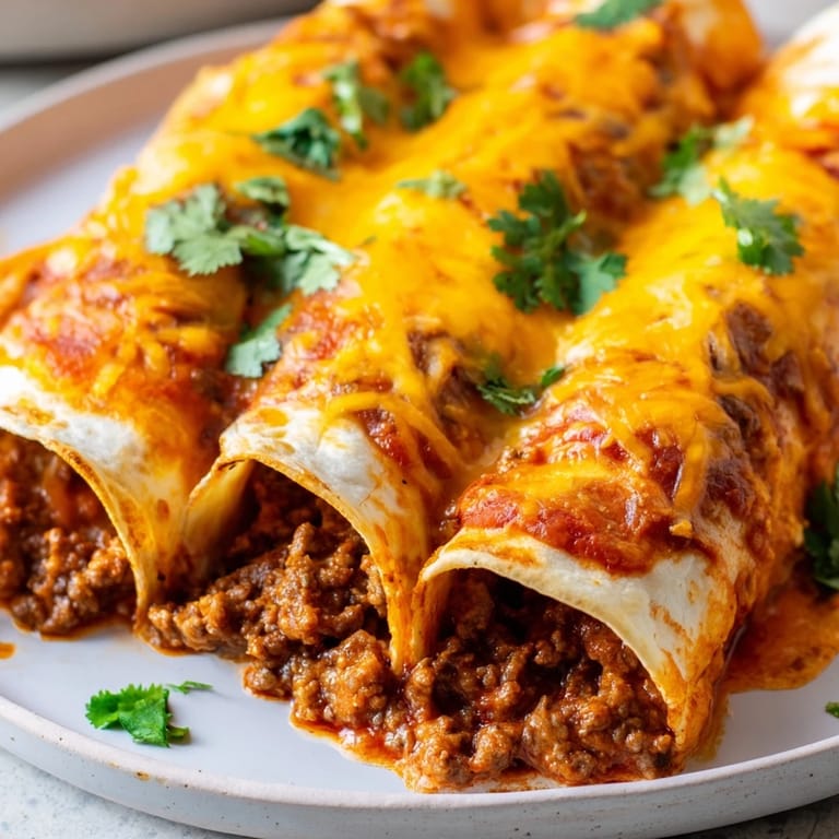 Freshly baked Beef Enchiladas, smothered in red sauce and topped with melted cheese, ready to eat.