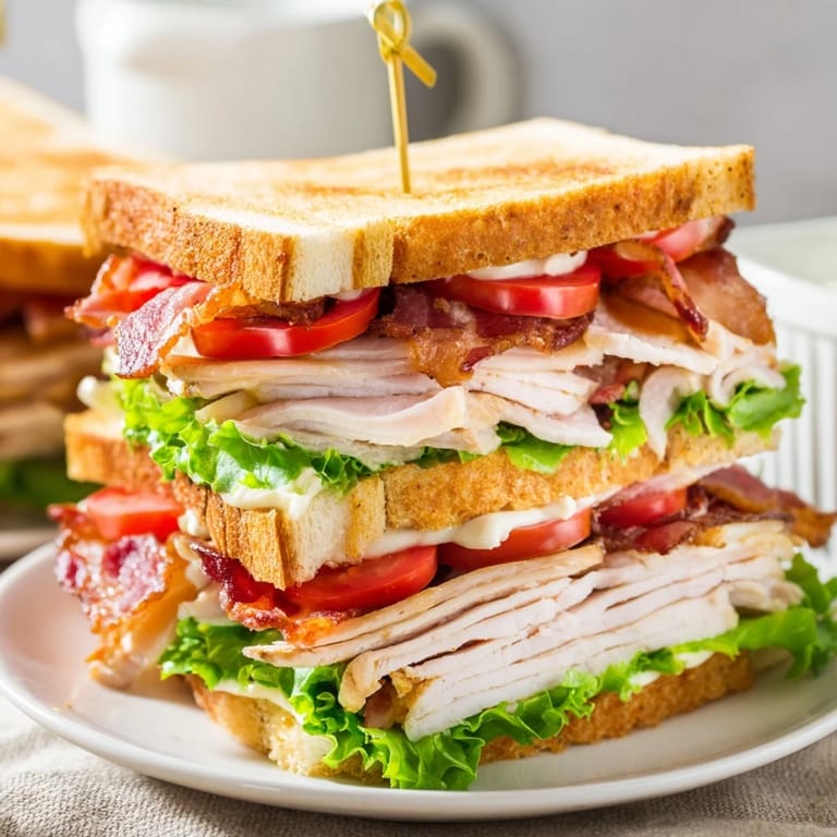 Stacked high, the hearty Turkey Club Sandwich displays juicy tomato and crispy bacon ready to enjoy.