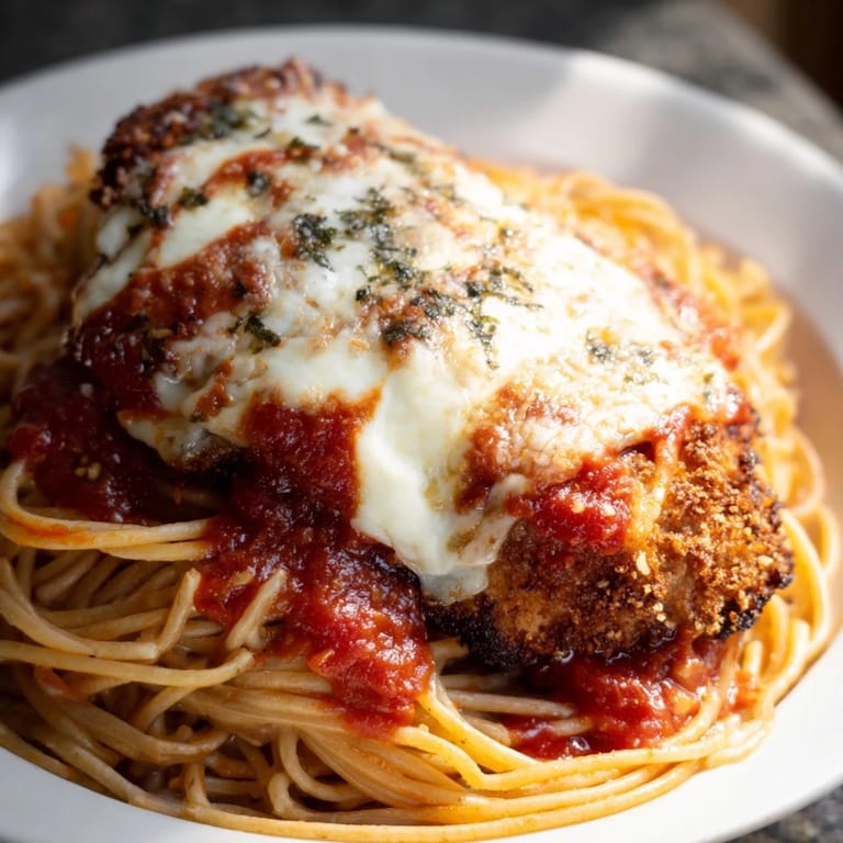 A delicious plate of Chicken Parmesan: tender chicken with a cheesy top, ready to serve with pasta.
