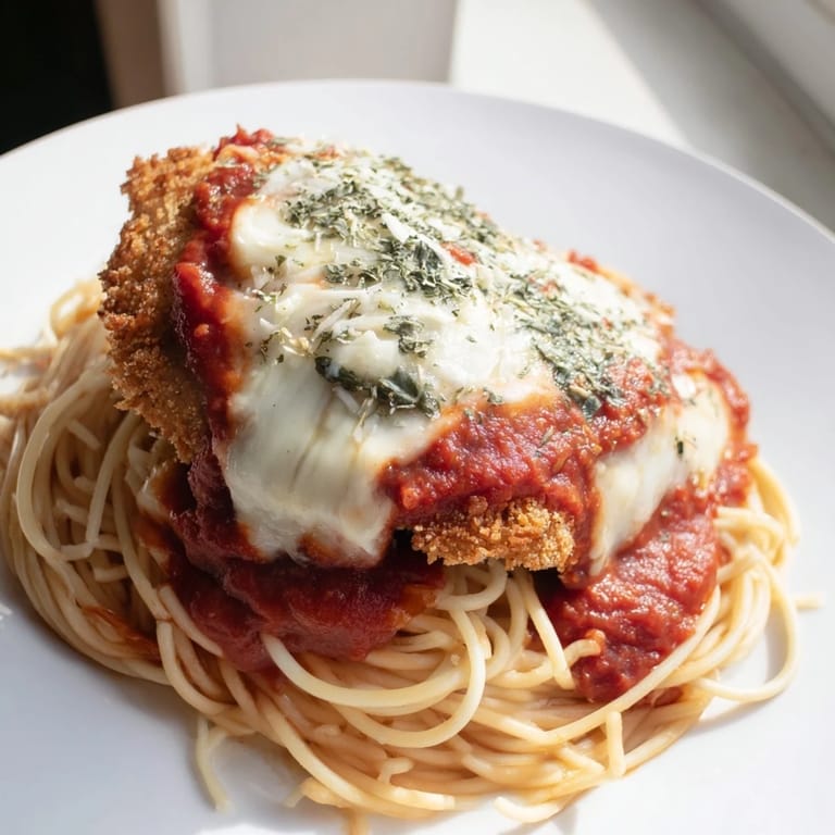 Close-up of baked Chicken Parmesan, showcasing bubbly cheese over crispy breaded chicken and marinara.