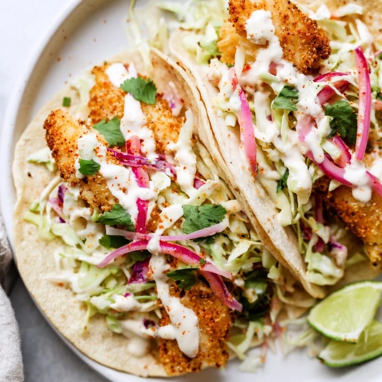 A close-up shot of several fish tacos, ready to eat, featuring both grilled and breaded options.