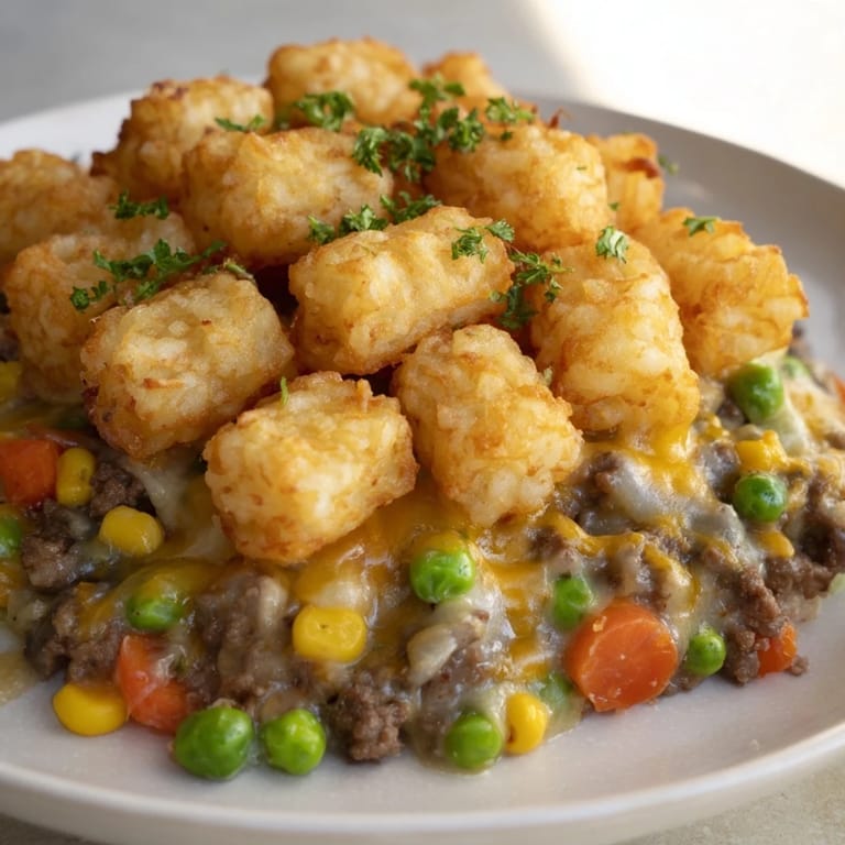 A bubbly, cheesy Tater Tot Casserole, perfect for a cozy weeknight family dinner experience.
