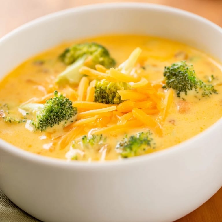 Thick and creamy Broccoli Cheese Soup, garnished, inviting you to enjoy this flavorful, vegetarian meal.