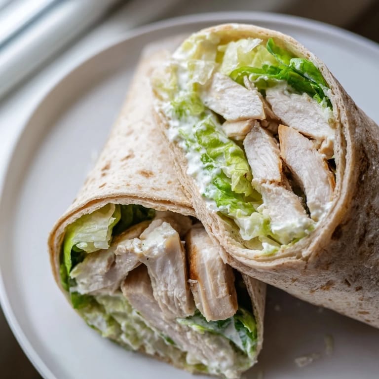Freshly assembled Chicken Caesar Wrap, showcasing tender chicken slices and crisp romaine lettuce.