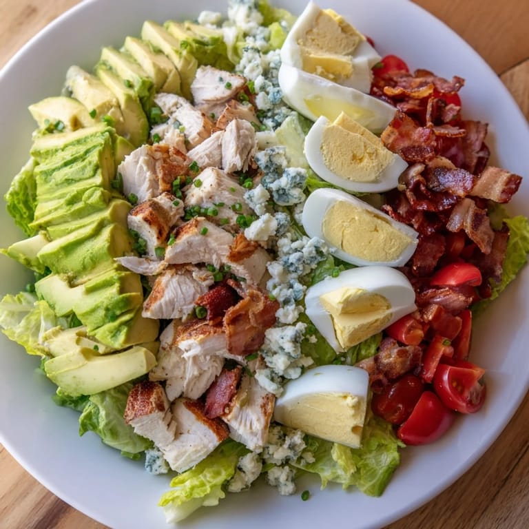 A colorful, layered Cobb Salad with blue cheese crumbles, perfect for a flavorful American meal.