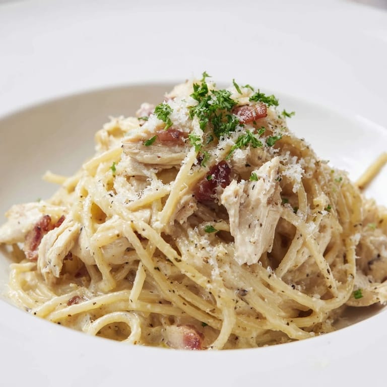 A close-up of Chicken Carbonara in a white bowl, garnished with fresh parsley and extra grated Parmesan cheese.
