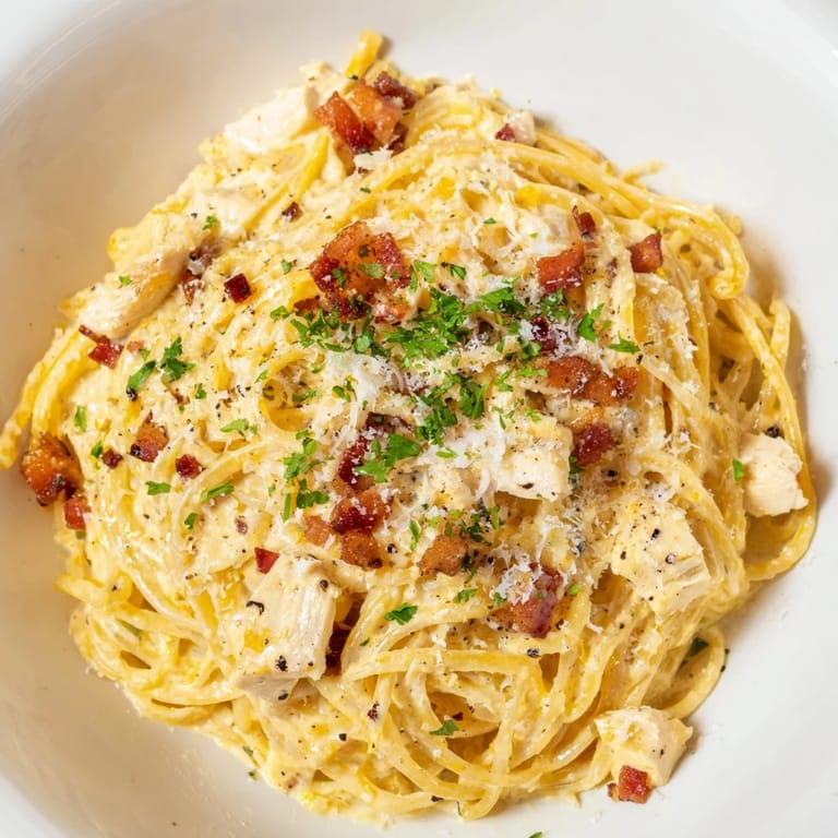 Shredded chicken and crispy bacon pieces tossed with al dente pasta in a glossy, silky egg and cheese sauce.