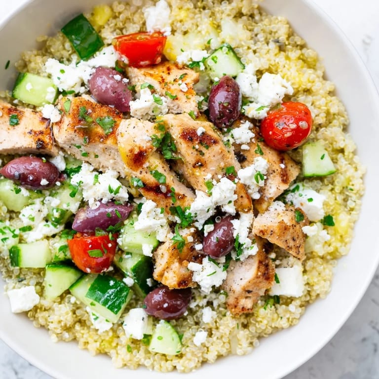 Colorful Mediterranean Chicken Bowl with grilled chicken, quinoa, chickpeas, olives, feta, and crisp veggies, drizzled with a zesty lemon-oregano dressing.