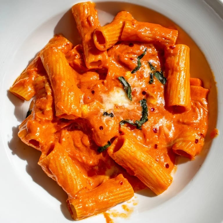 Sizzling pan of spicy rigatoni pasta with a rich, creamy tomato sauce, ready to be served to a hungry family.