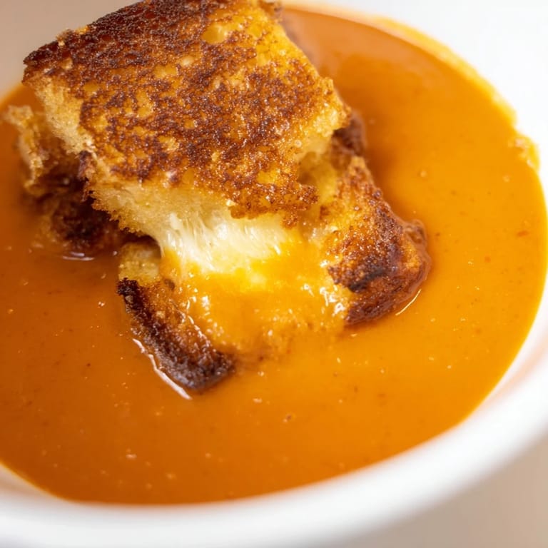 Warm, comforting roasted tomato soup garnished with homemade grilled cheese croutons for dipping.
