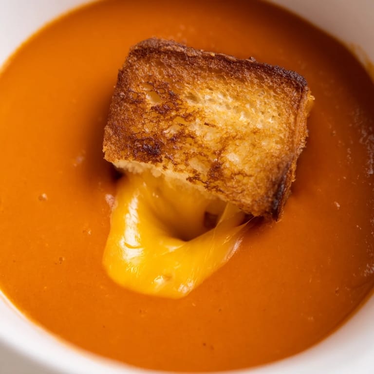 Golden grilled cheese croutons adding a crunchy bite to this creamy roasted tomato soup.