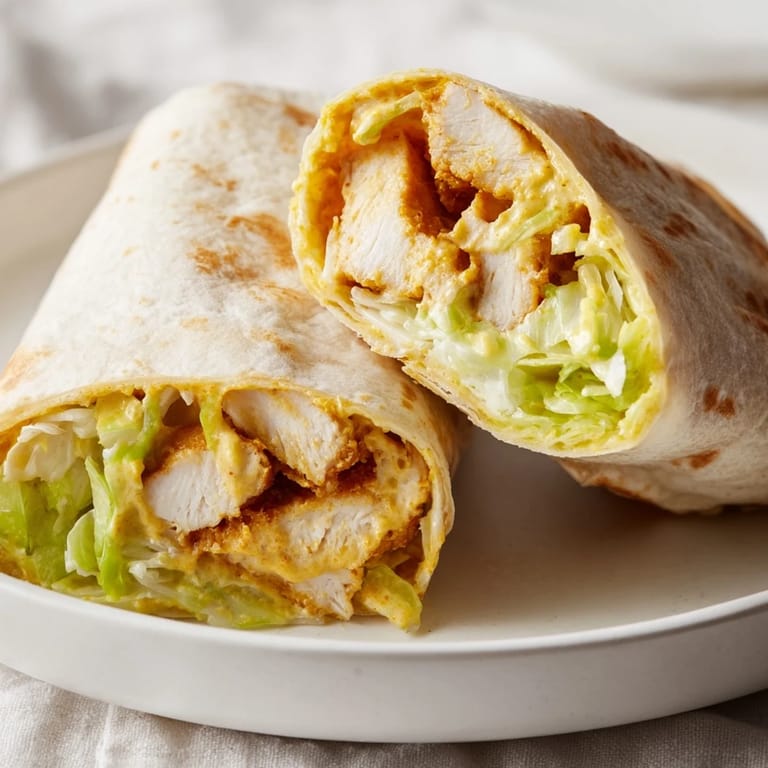 Golden-brown chicken tenders and fresh crisp lettuce bundled inside a pliable tortilla for a satisfying Honey Mustard Chicken Wrap meal.