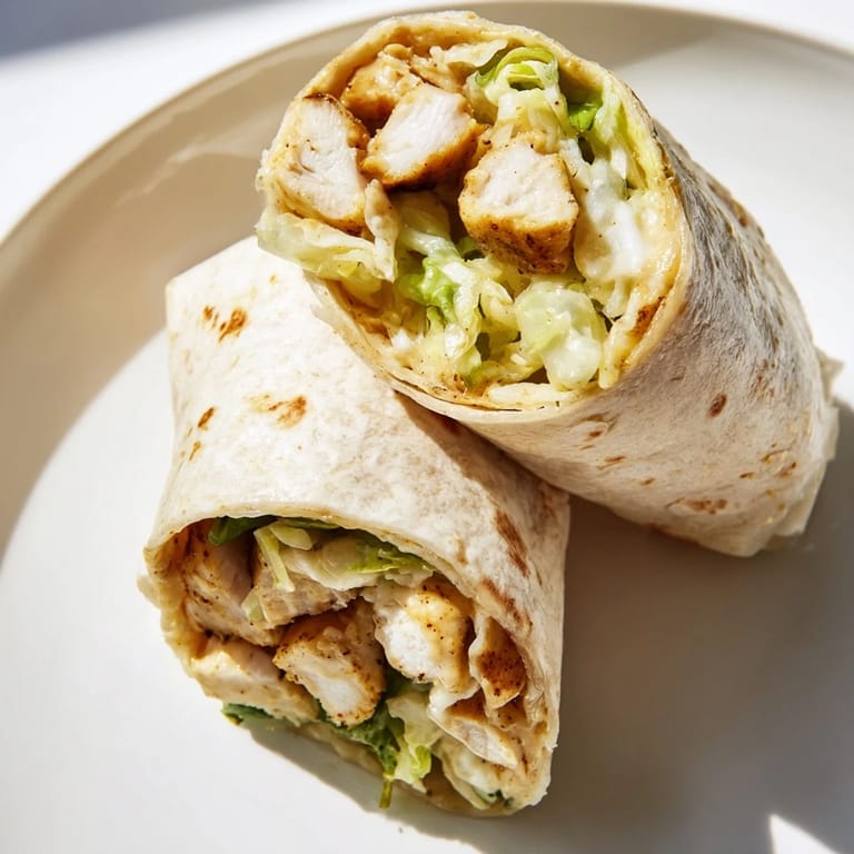 Homemade Honey Mustard Chicken Wrap, rolled tight and sliced in half, showcasing juicy chicken, red onion, and a glossy honey-mustard dressing.