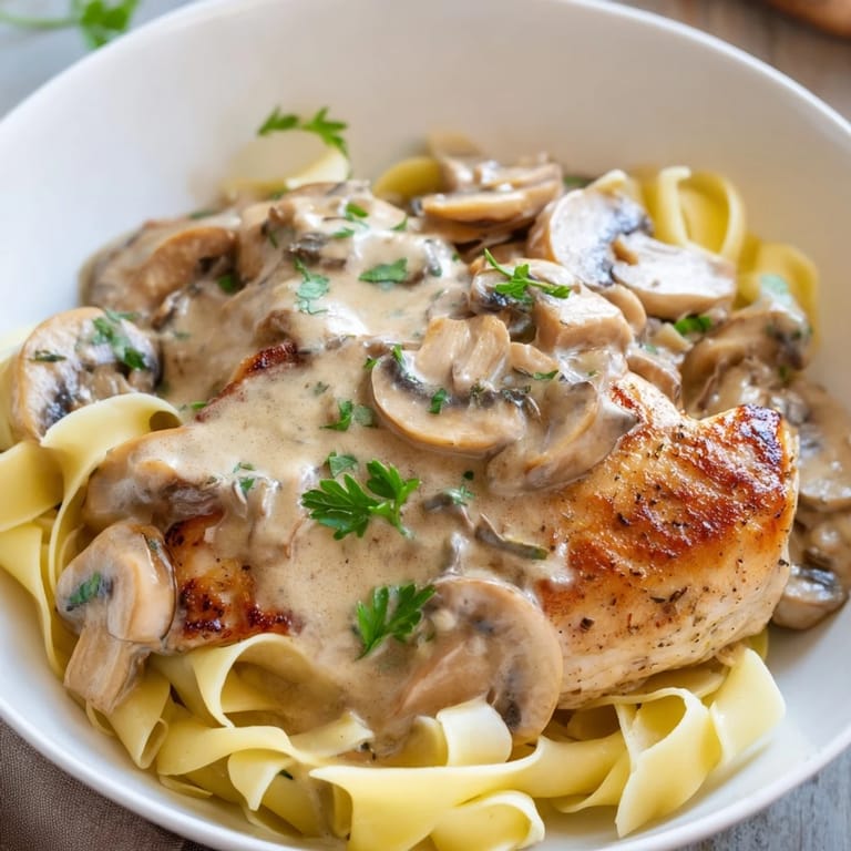 Rich, savory Creamy Chicken Marsala with tender mushrooms and fresh parsley garnish, ready to serve.  
