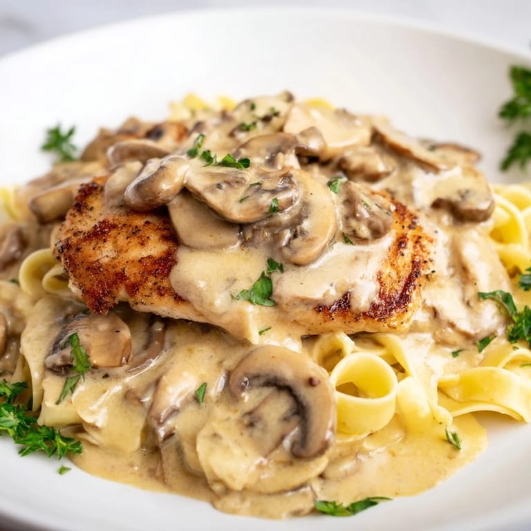 A close-up of juicy chicken and al dente pasta smothered in a velvety Marsala cream sauce.