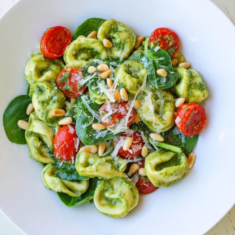 Cold Pesto Tortellini Salad mixed with juicy tomatoes and spinach, ready for a summer picnic or easy weeknight dinner.