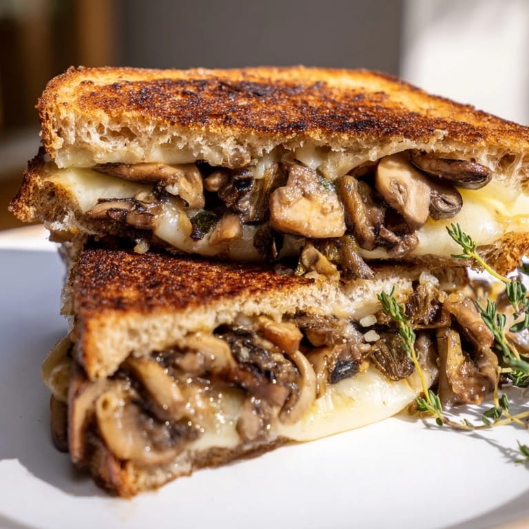 Mushroom Swiss Grilled Cheese with earthy mushrooms and creamy cheese on buttery rye, cut diagonally.