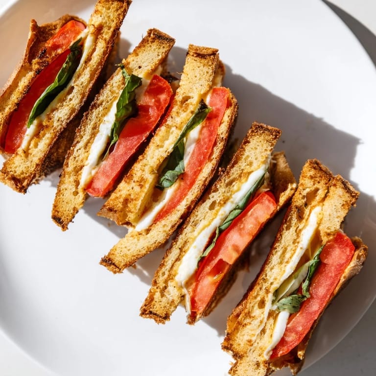 Warm Caprese Grilled Cheese Dippers with melted mozzarella, fresh tomatoes, and basil on golden sourdough.