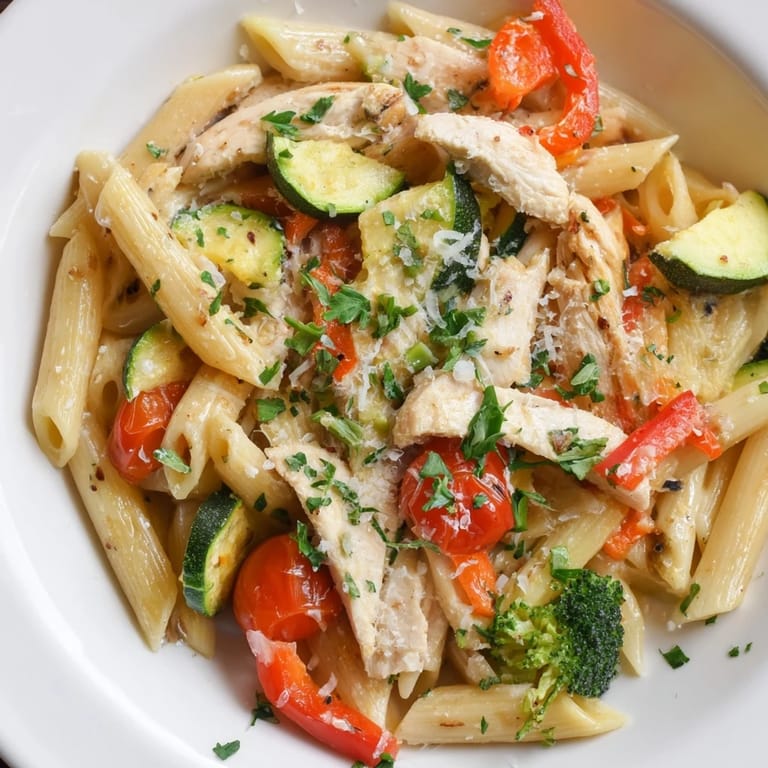 Plate of Garlic Herb Chicken & Veg Pasta featuring penne, bright red bell peppers, zucchini, and cherry tomatoes, topped with fresh parsley.