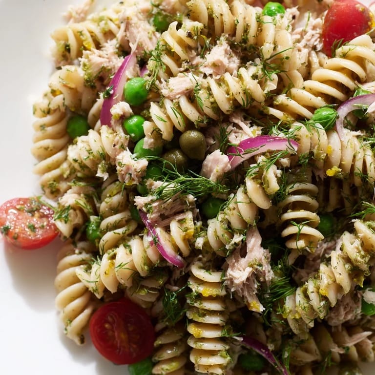 Easy lemony tuna pasta salad served chilled with optional cherry tomatoes and capers, ideal for a quick light lunch.