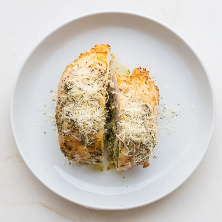 Easy gluten-free mozzarella and pesto stuffed chicken, topped with Parmesan and Italian herbs, ready for a family dinner.